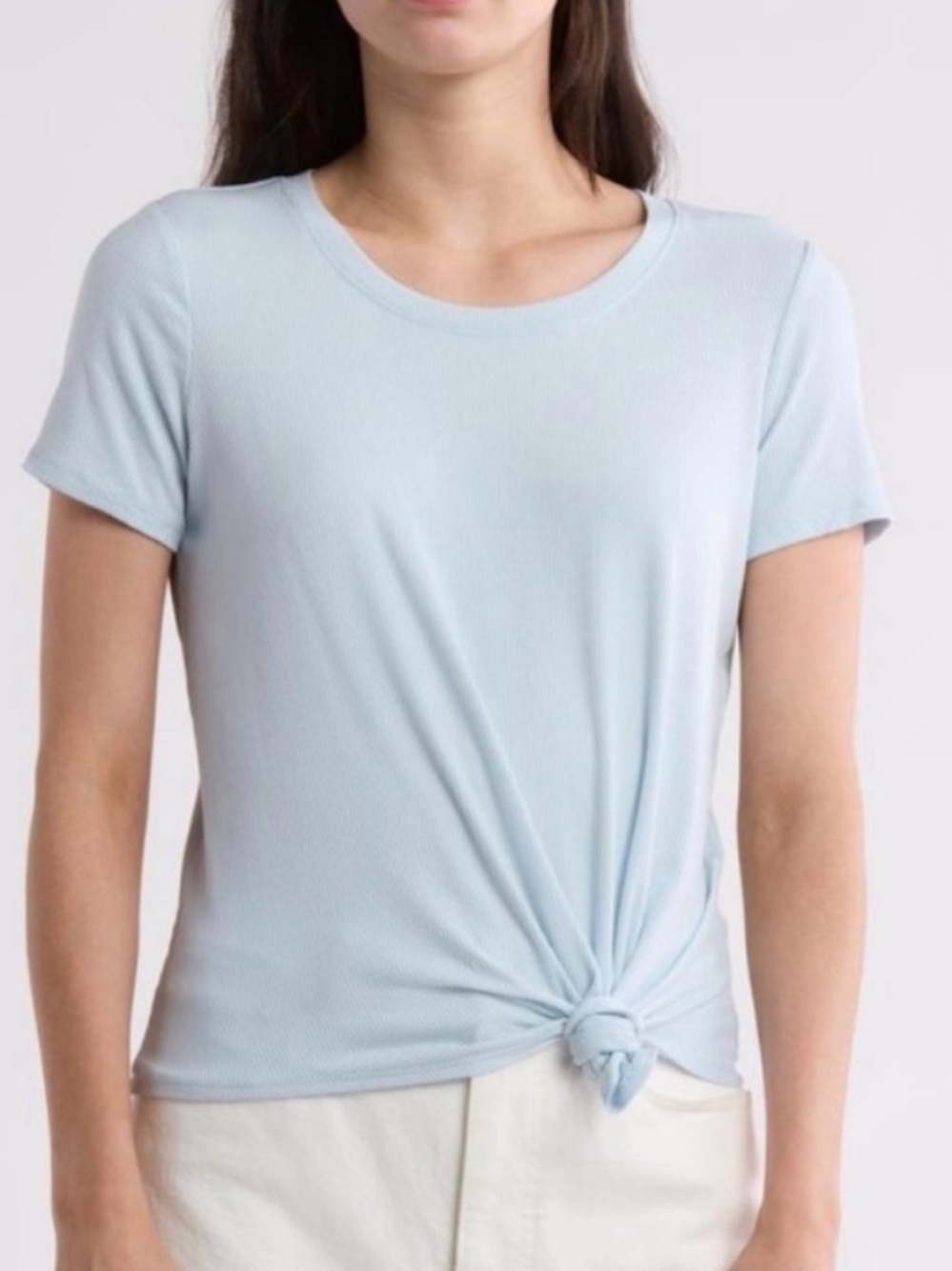 STATE Baby Blue Ribbed Tie Front Tee Top Size M Soft Minimalist Coastal
